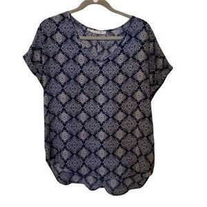 Cupid's Diary Womens Sz S Blue White Paisley Short Sleeve Blouse